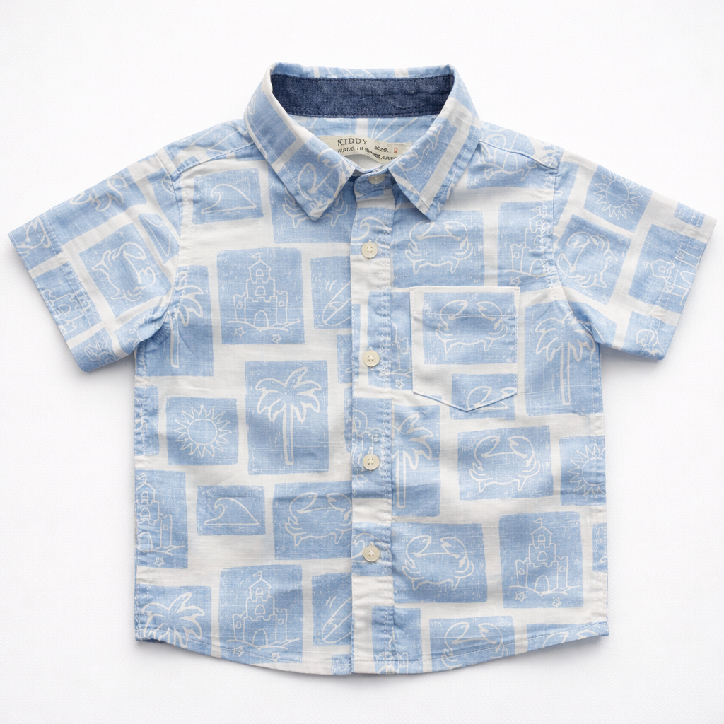 Boys Summer Beach Print Short Sleeve Shirt – Light Blue