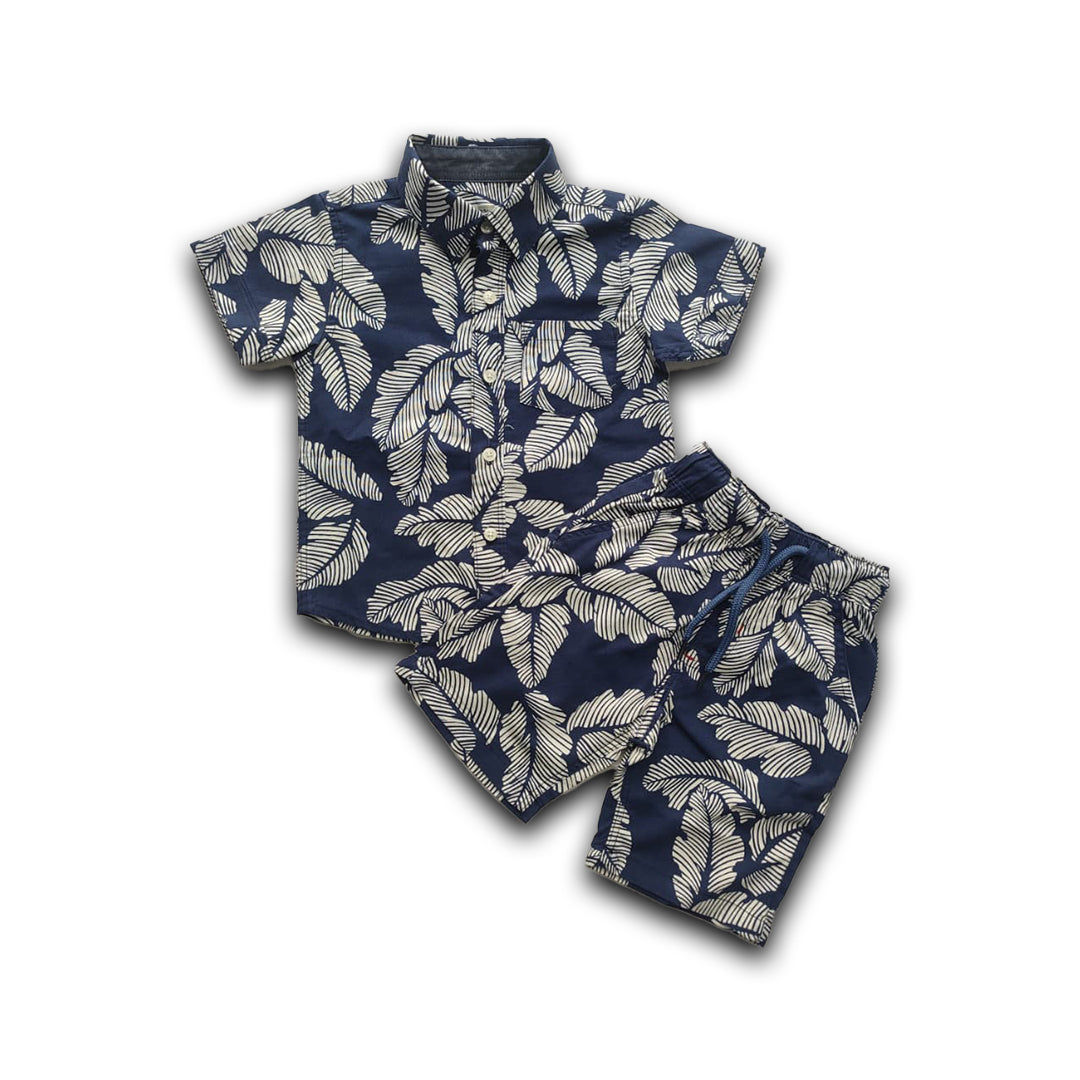 Boys All Over TROPICAL LEAF Print Shirt & Pant Set Navy Blue & White