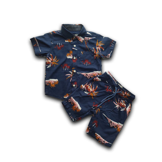Boys All Over COCONUT TREE & HILLS Print Shirt & Pant Set Navy Blue