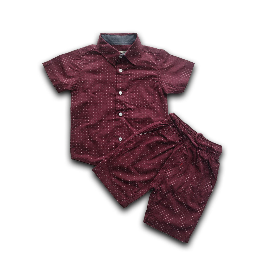 Boys All Over POLKA DOTS Print Shirt & Pant Set Maroon