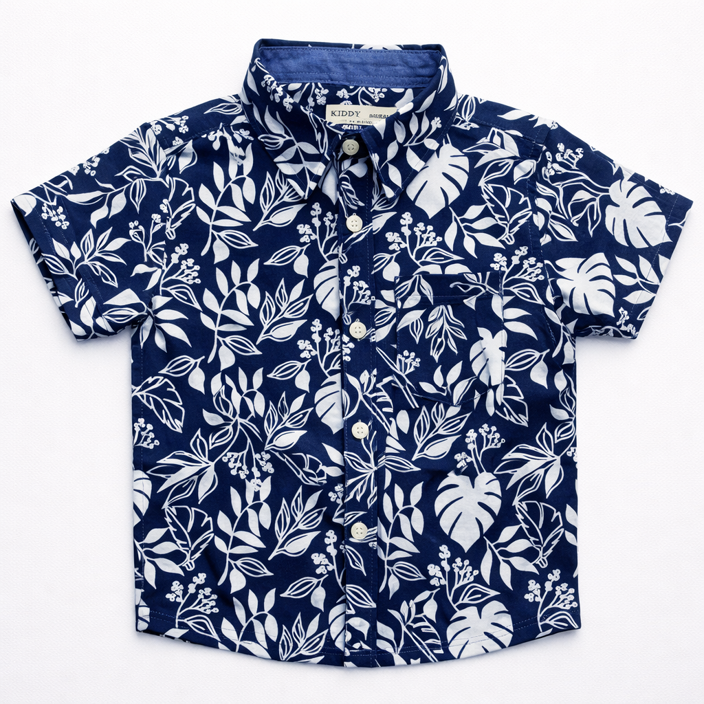 Boys Premium White Foliage Print Shirt – Deep Navy