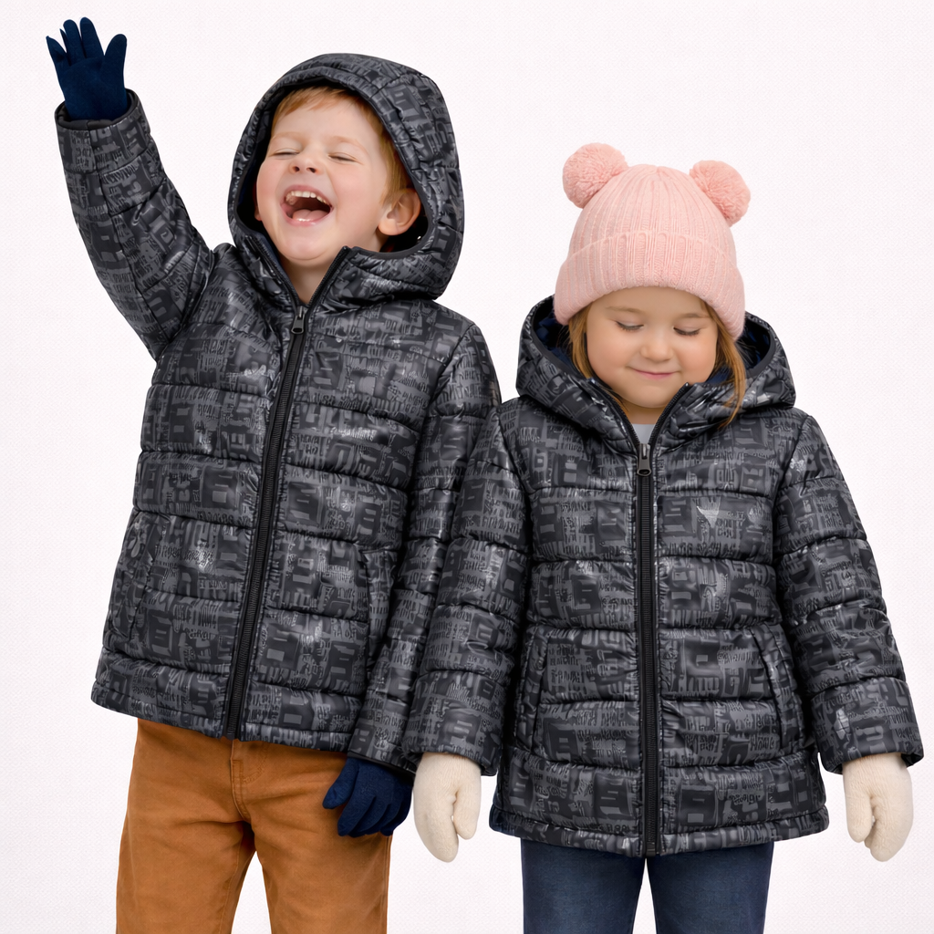 Kids Black Printed Winter Padded Hooded Jacket
