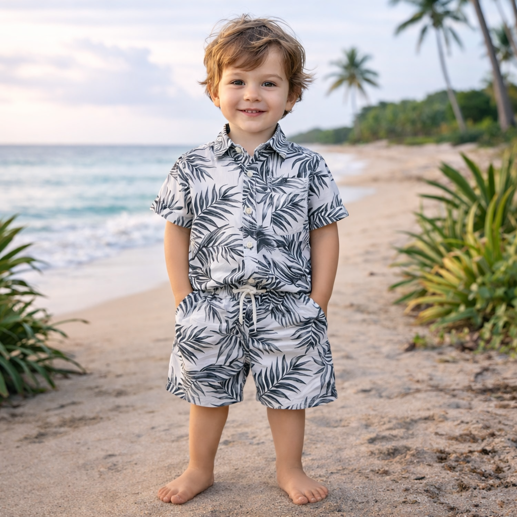 Boys All Over Palm Leaf Print Shirt & Pant Set White & Ash