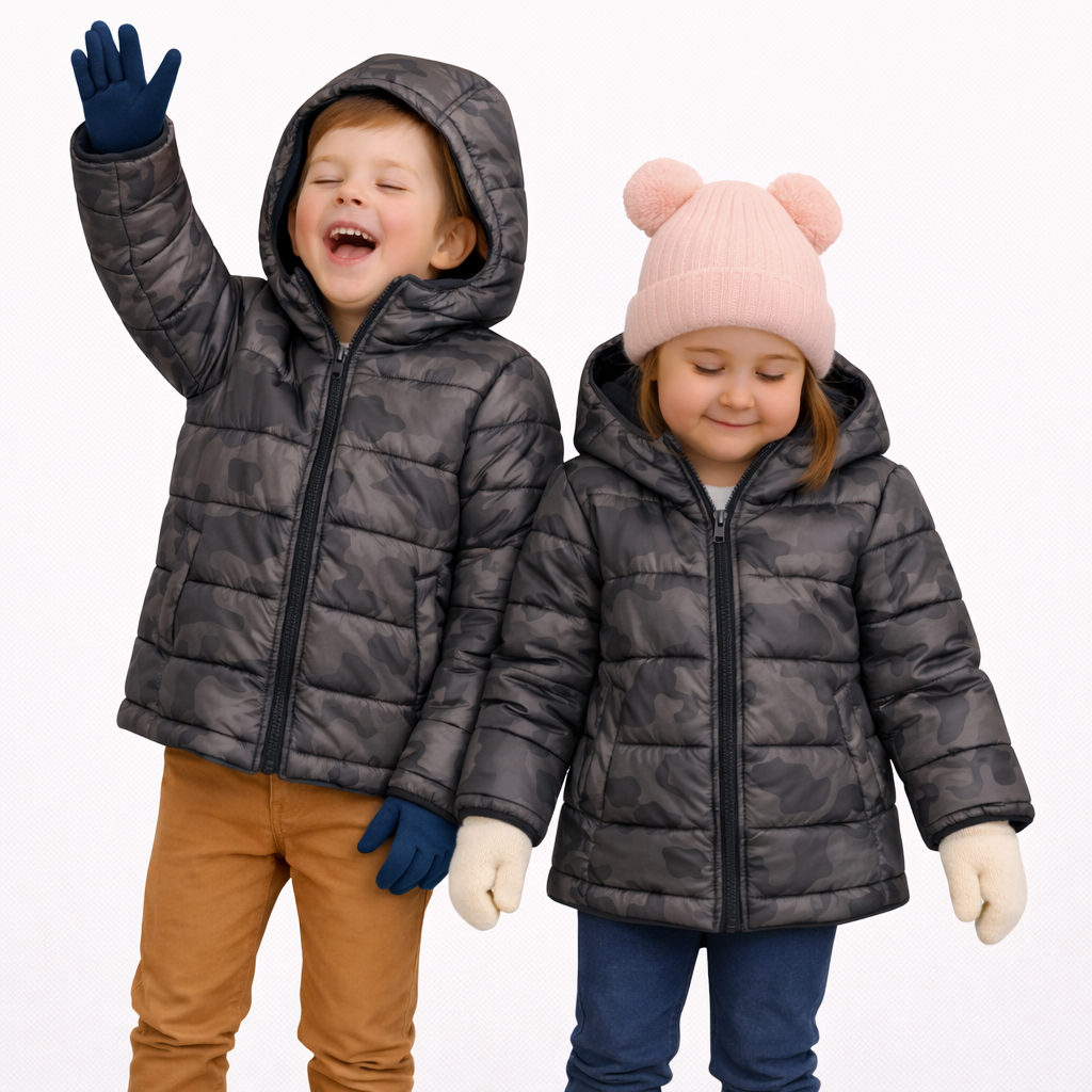 Kids Winter Padded Jacket – Black Printed Design with Hood