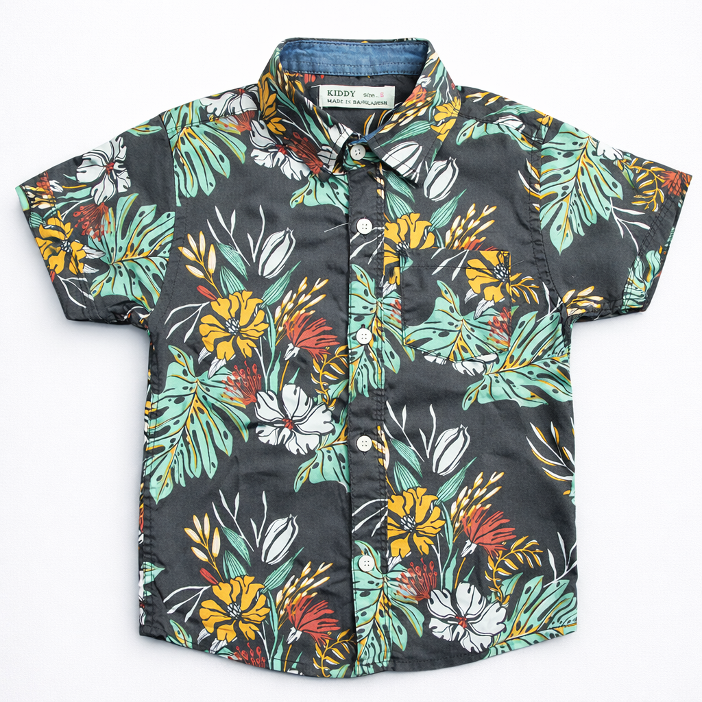 Boys Premium Tropical Flower & Leaf Printed Shirt – Charcoal Grey