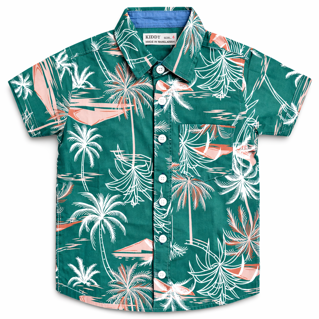 Boys Premium Palm Tree Printed Shirt – Emerald Green