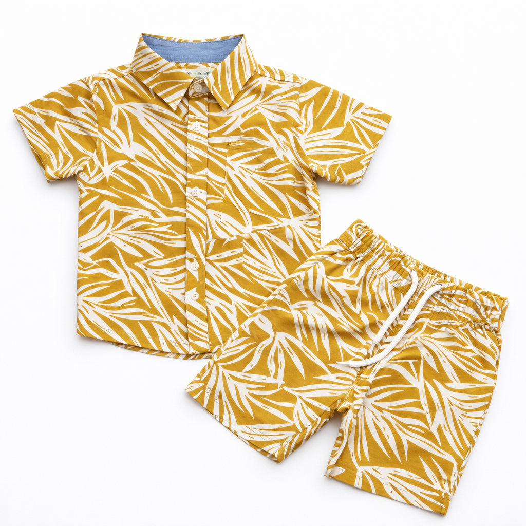 Kids Boys Leaf Print Shirt & Pant Set Mustard