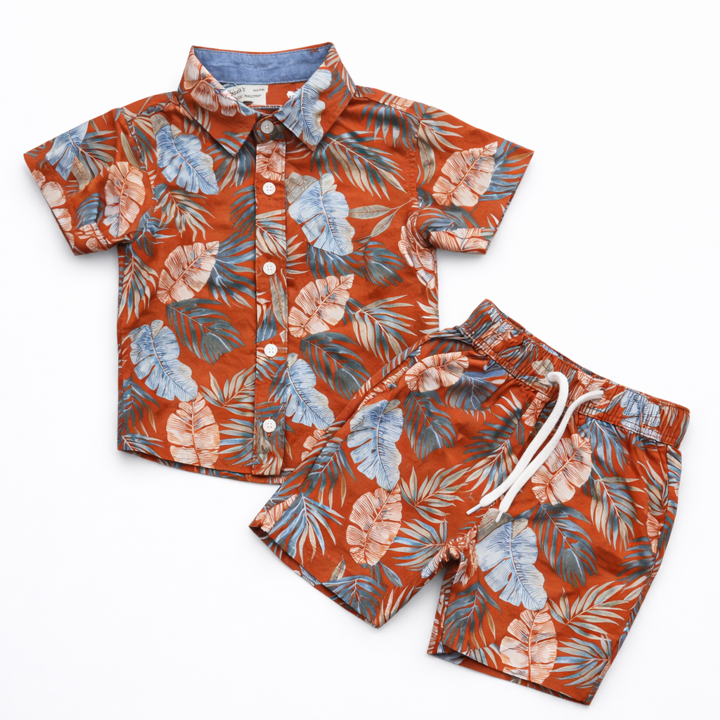 Kids Boys Leaf Print Shirt & Pant Set Rust