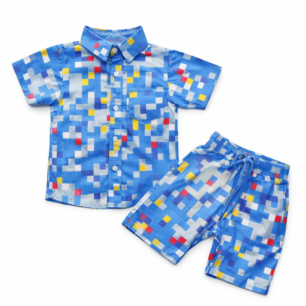 Boys All Over Pixelated Geometric Print Shirt & Pant Set Blue & Multicolor