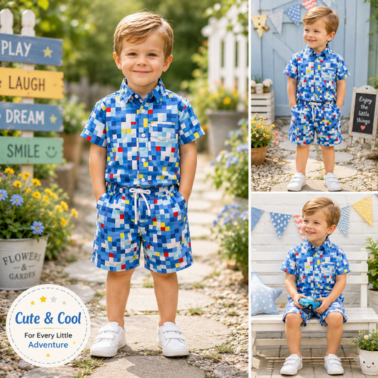 Boys All Over Pixelated Geometric Print Shirt & Pant Set Blue & Multicolor