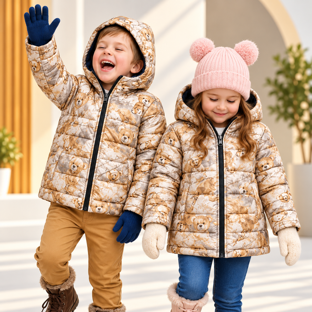 Kids Winter Padded Jacket with Printed Design – Beige Shade