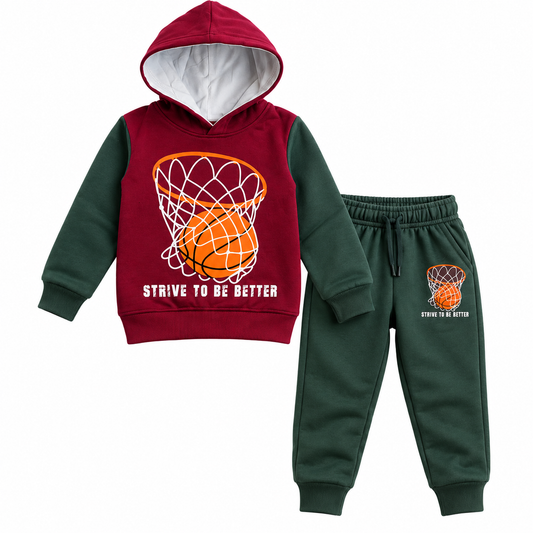 BOYS BASKETBALL HOOP and BALL Printed Winter Hoodie & Trouser Set Maroon & Green