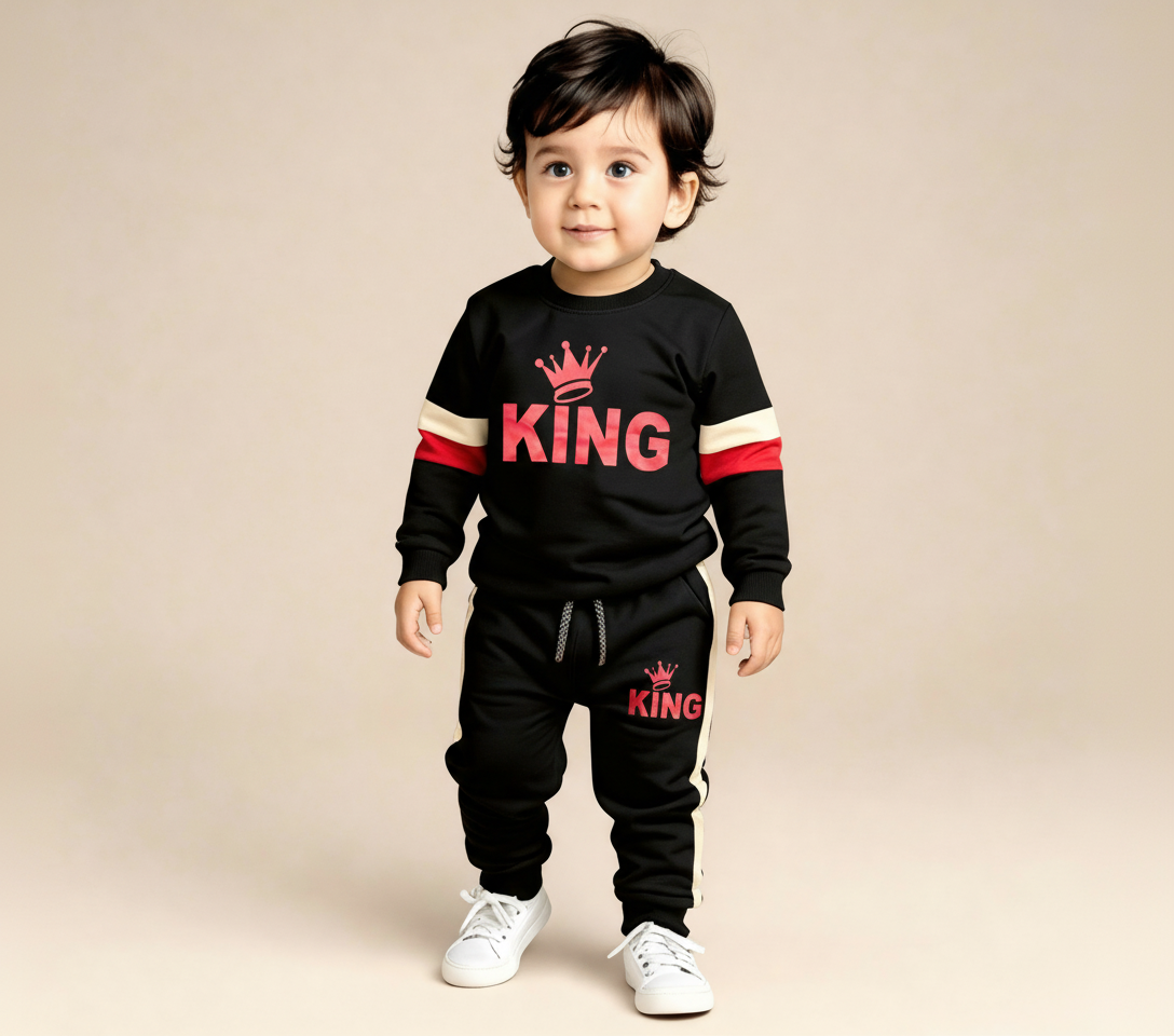 Boys Royal King Printed Warm Sweatshirt & Pant Set – Black