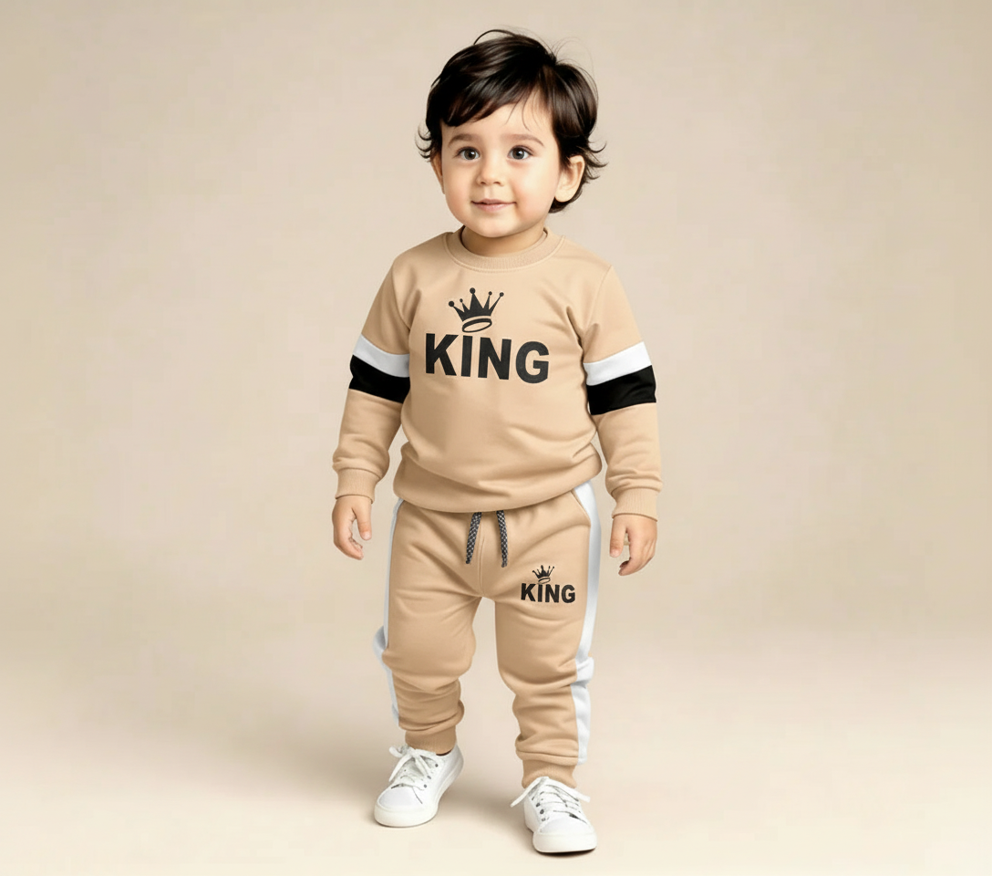 Boys Royal King Printed Warm Sweatshirt & Pant Set – Cream White