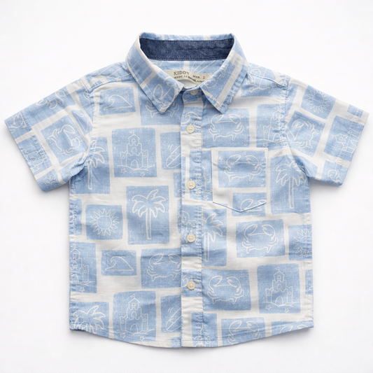 Boys Summer Beach Print Short Sleeve Shirt – Light Blue