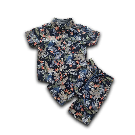 Boys All Over TROPICAL LEAF & FLOWER Print Shirt & Pant Set Dark Navy Blue
