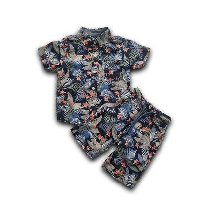 Boys All Over LEAVES & YELLOW FLOWERS Print Shirt & Pant Set Navy Blue & Multicolor