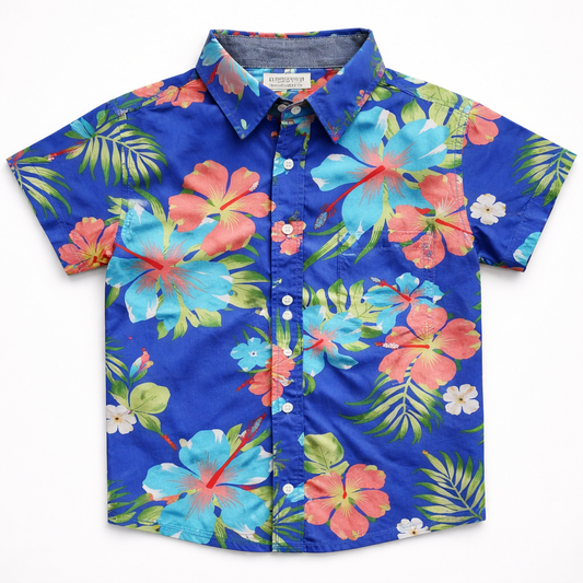 Boys Premium Hibiscus Flower Printed Shirt – Royal Blue
