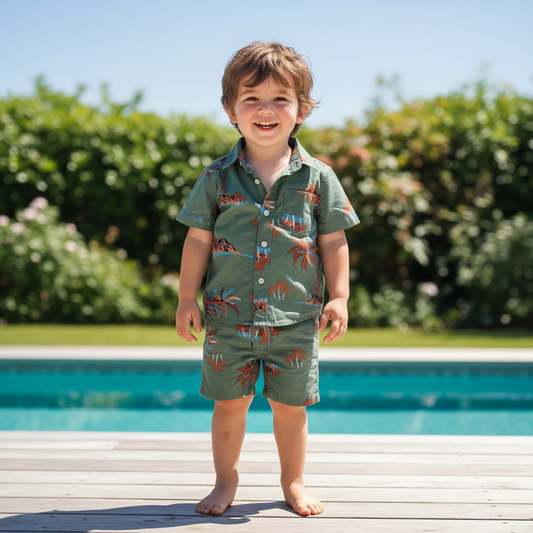 Boys All Over COCONUT TREE & HILLS Print Shirt & Pant Set Olive