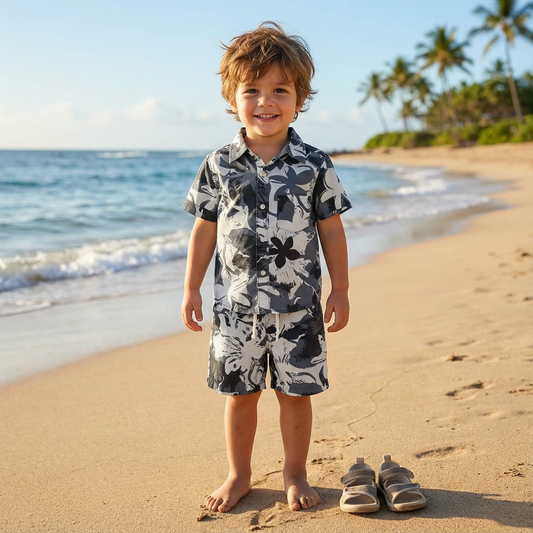 Boys All Over FLOWER Print Shirt & Pant Set White & Black