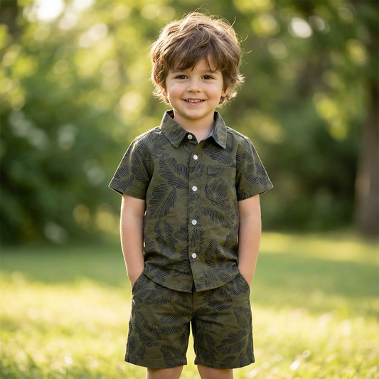 Boys All Over TROPICAL LEAF Print Shirt & Pant Set Olive & Black