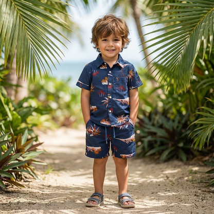 Boys All Over COCONUT TREE & HILLS Print Shirt & Pant Set Navy Blue