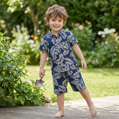 Boys All Over TROPICAL LEAF Print Shirt & Pant Set Navy Blue & White