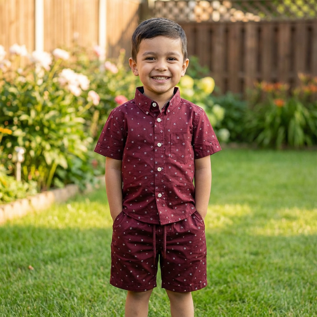 Boys All Over 4 DOTS Print Shirt & Pant Set Maroon