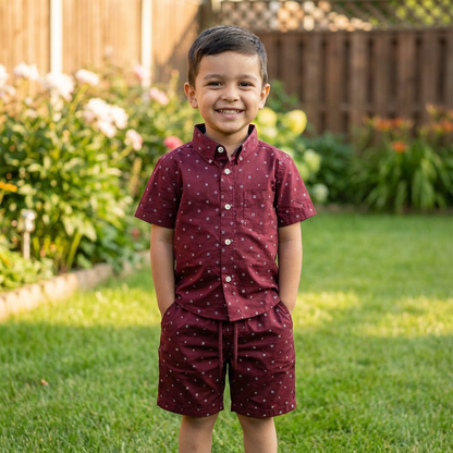 Boys All Over 4 DOTS Print Shirt & Pant Set Maroon