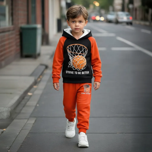 BOYS BASKETBALL HOOP and BALL Printed Winter Hoodie & Trouser Set Black & Orange