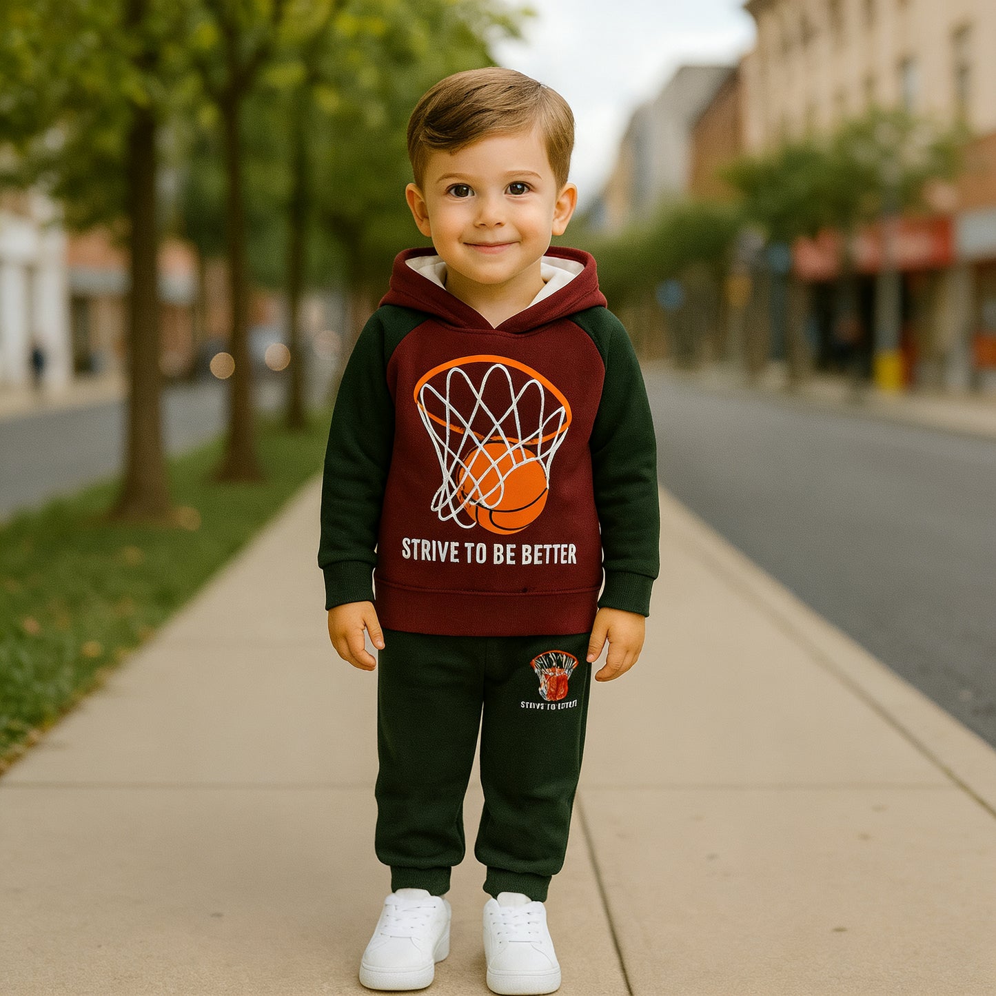 BOYS BASKETBALL HOOP and BALL Printed Winter Hoodie & Trouser Set Maroon & Green