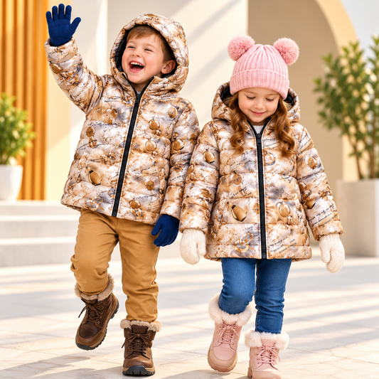 Kids Winter Padded Jacket with Printed Design – Beige Shade