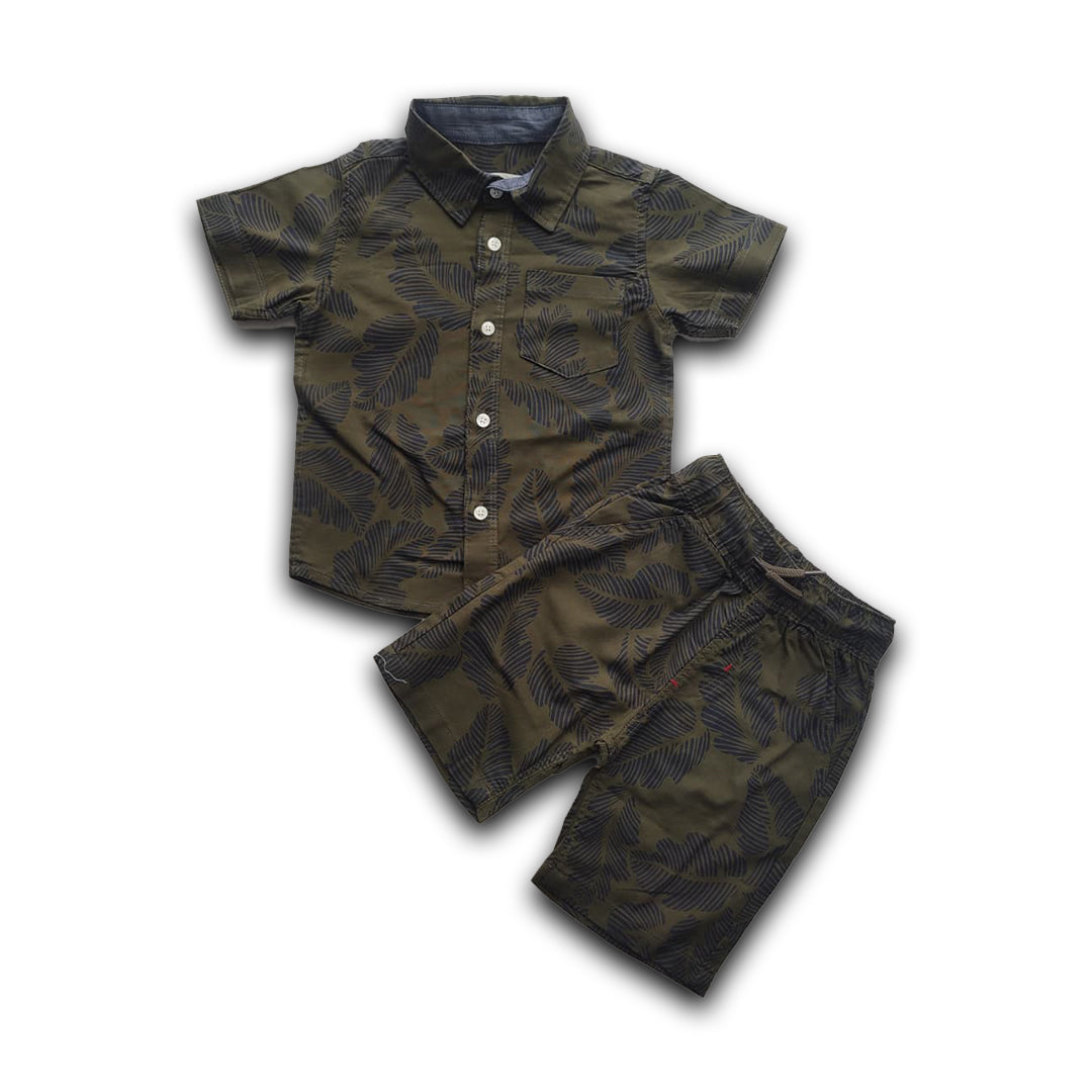 Boys All Over TROPICAL LEAF Print Shirt & Pant Set Olive & Black