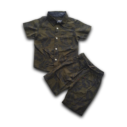 Boys All Over TROPICAL LEAF Print Shirt & Pant Set Olive & Black