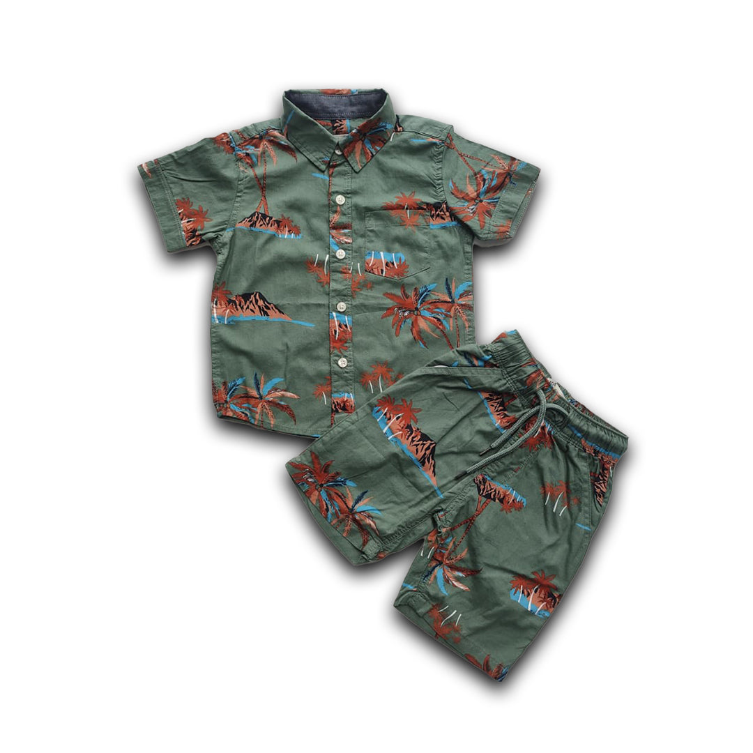 Boys All Over COCONUT TREE & HILLS Print Shirt & Pant Set Olive