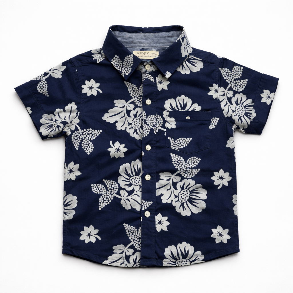 Boys Stylish Floral Design Short Sleeve Shirt – Dark Blue