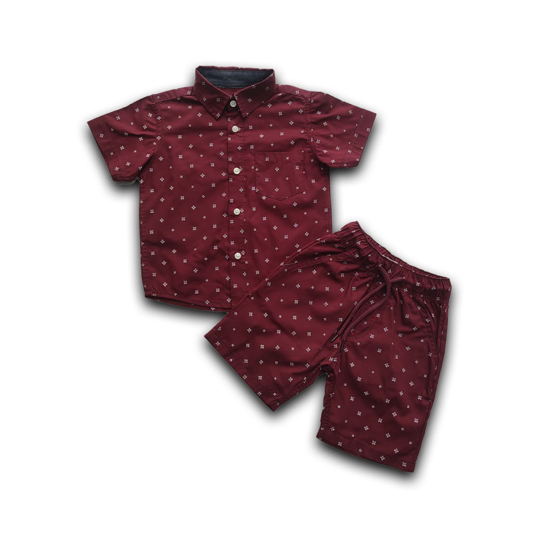 Boys All Over 4 DOTS Print Shirt & Pant Set Maroon