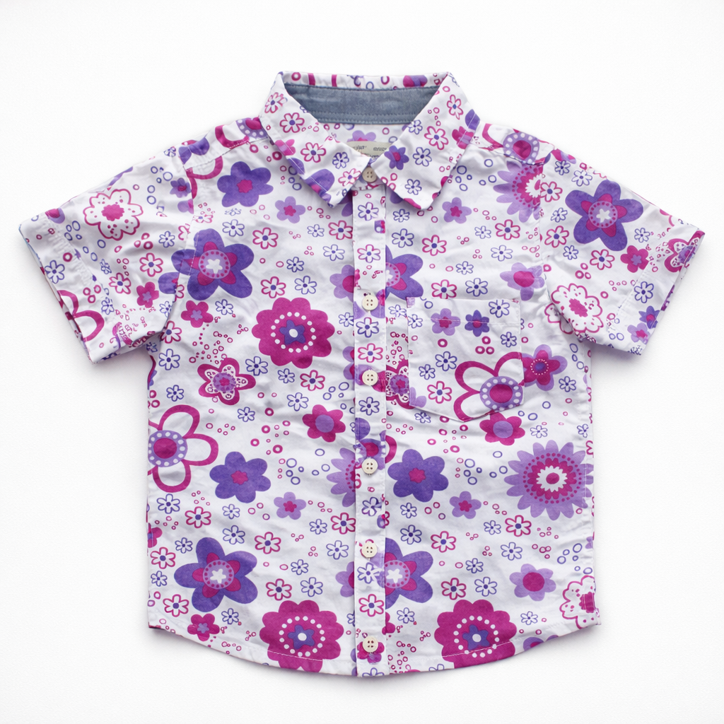 Kids Trendy Floral Design Button Down Shirt – White Base
