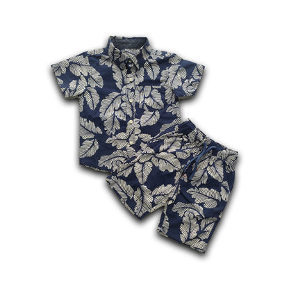 Boys All Over TROPICAL LEAF Print Shirt & Pant Set Navy Blue & White