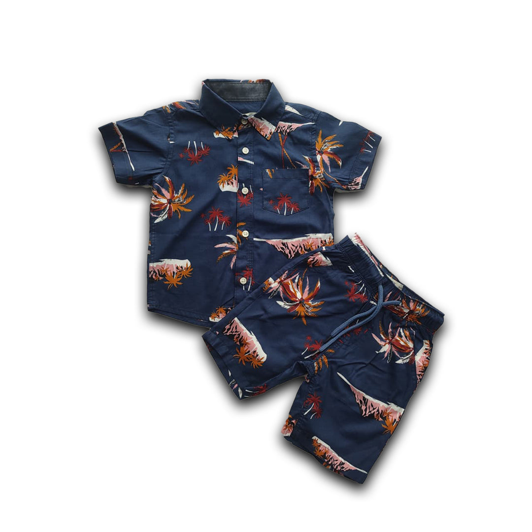 Boys All Over COCONUT TREE & HILLS Print Shirt & Pant Set Navy Blue