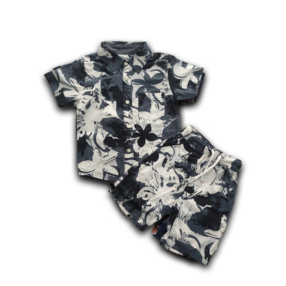 Boys All Over FLOWER Print Shirt & Pant Set White & Black