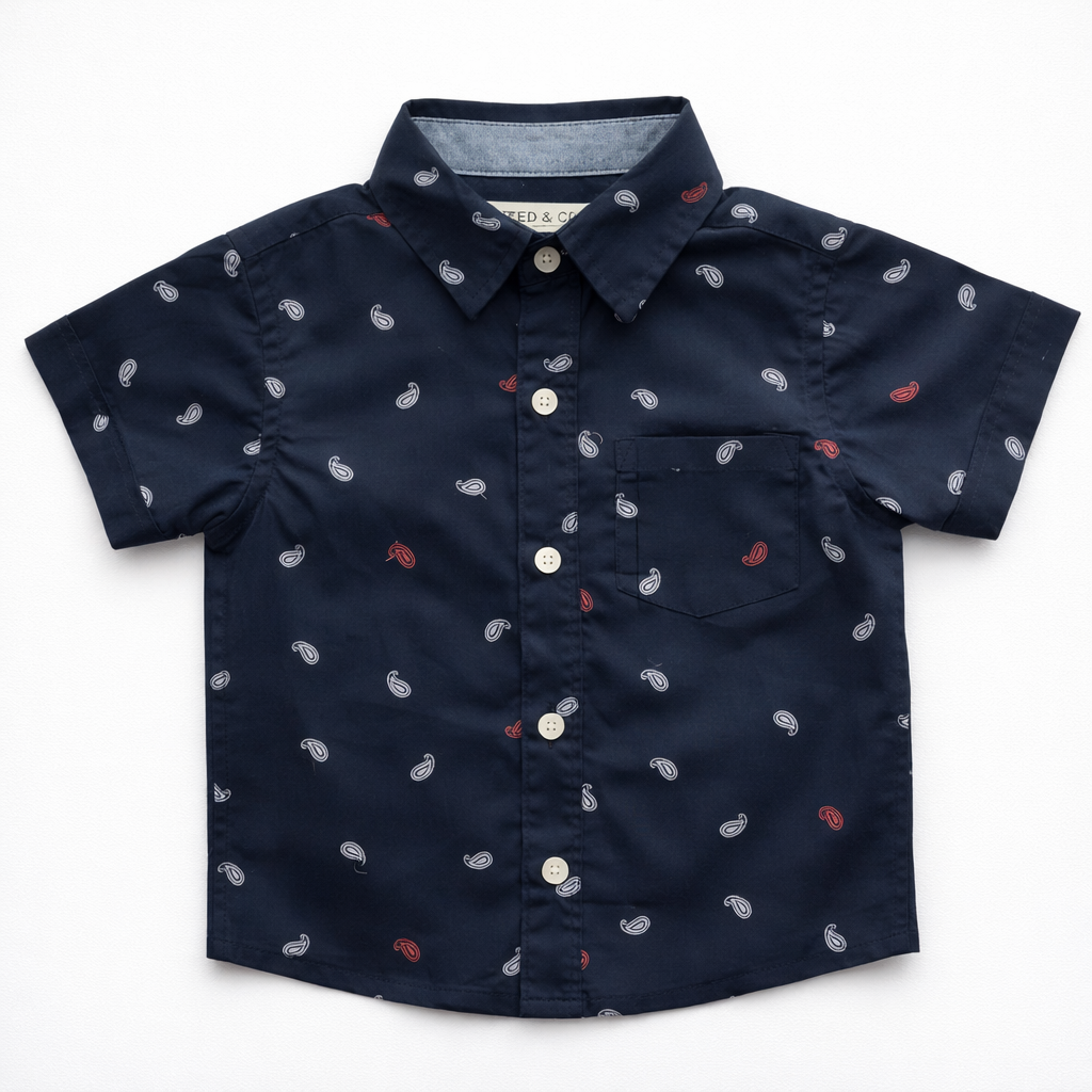 Boys Premium Printed Casual Shirt – Navy & Red Accent