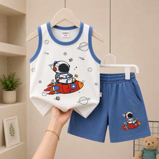 Little Astronaut Sleeveless Megi Set – White & Blue