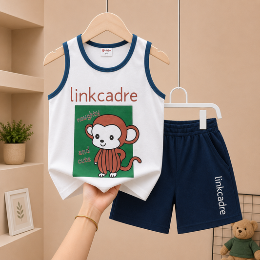 Monkey Friends Sleeveless Megi Set – White & Light Blue