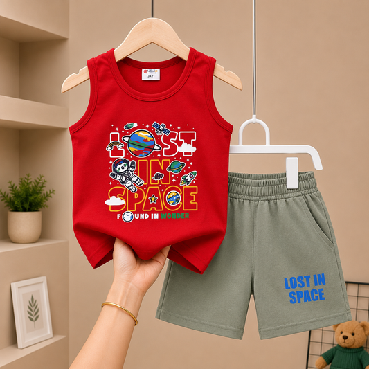 Lost In Space Sleeveless Megi Set – Red & Sage Green