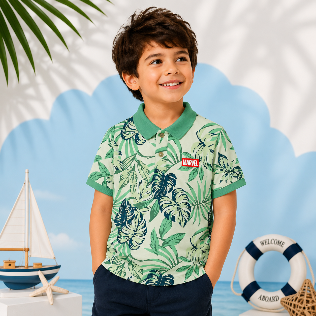 Boys Trendy Summer Leaf Print Polo Shirt