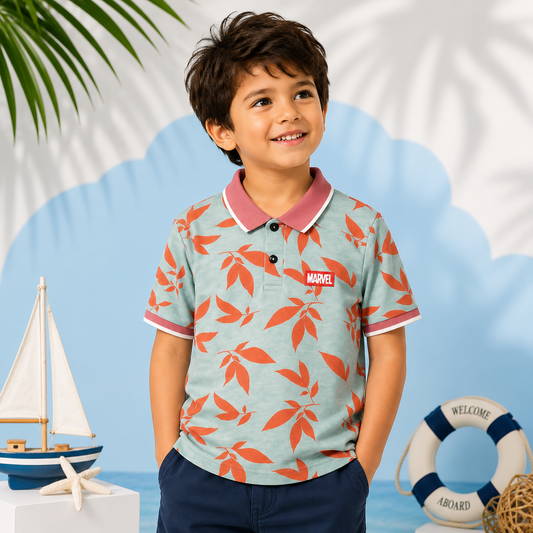 Boys Trendy Summer Leaf Print Polo Shirt