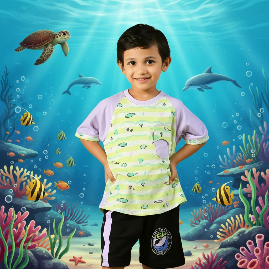 All Over Print T-Shirt & Short Pant FISH Raglan Sleeve