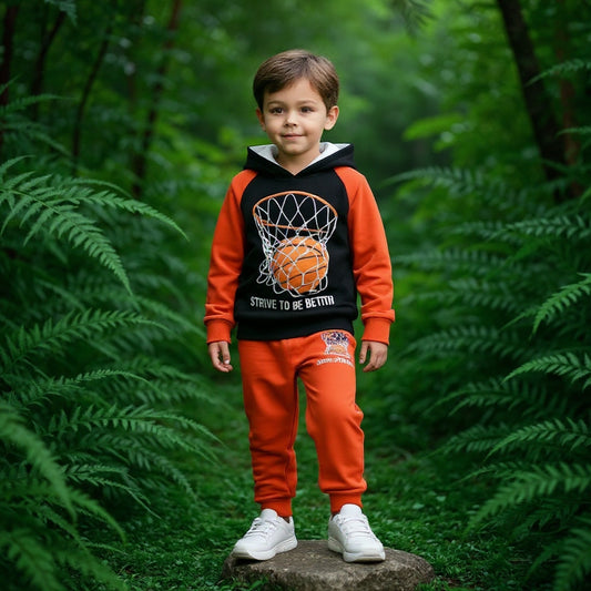 BOYS BASKETBALL HOOP and BALL Printed Winter Hoodie & Trouser Set Black & Orange