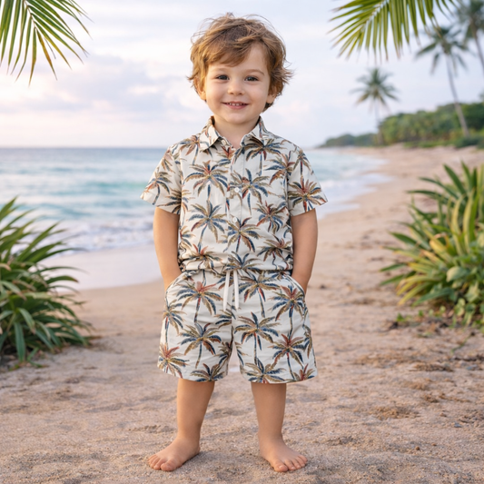 Boys All Over COCONUT TREE Print Shirt & Pant Set Off-White